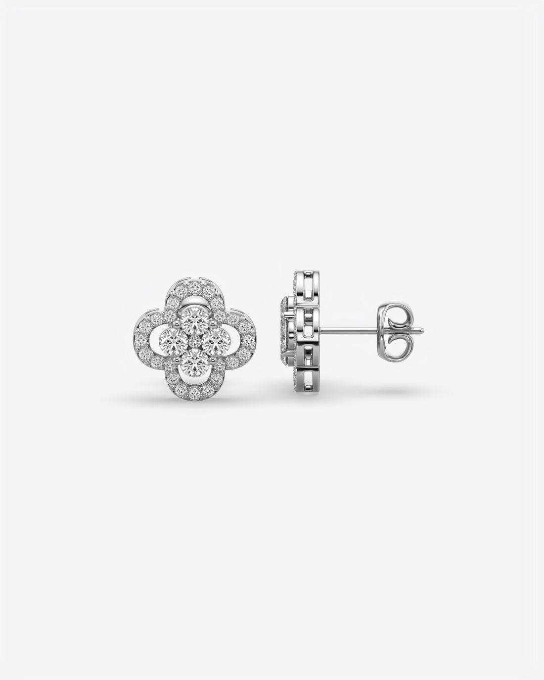 Floral Cluster Diamond Stud Earrings 14K White Gold