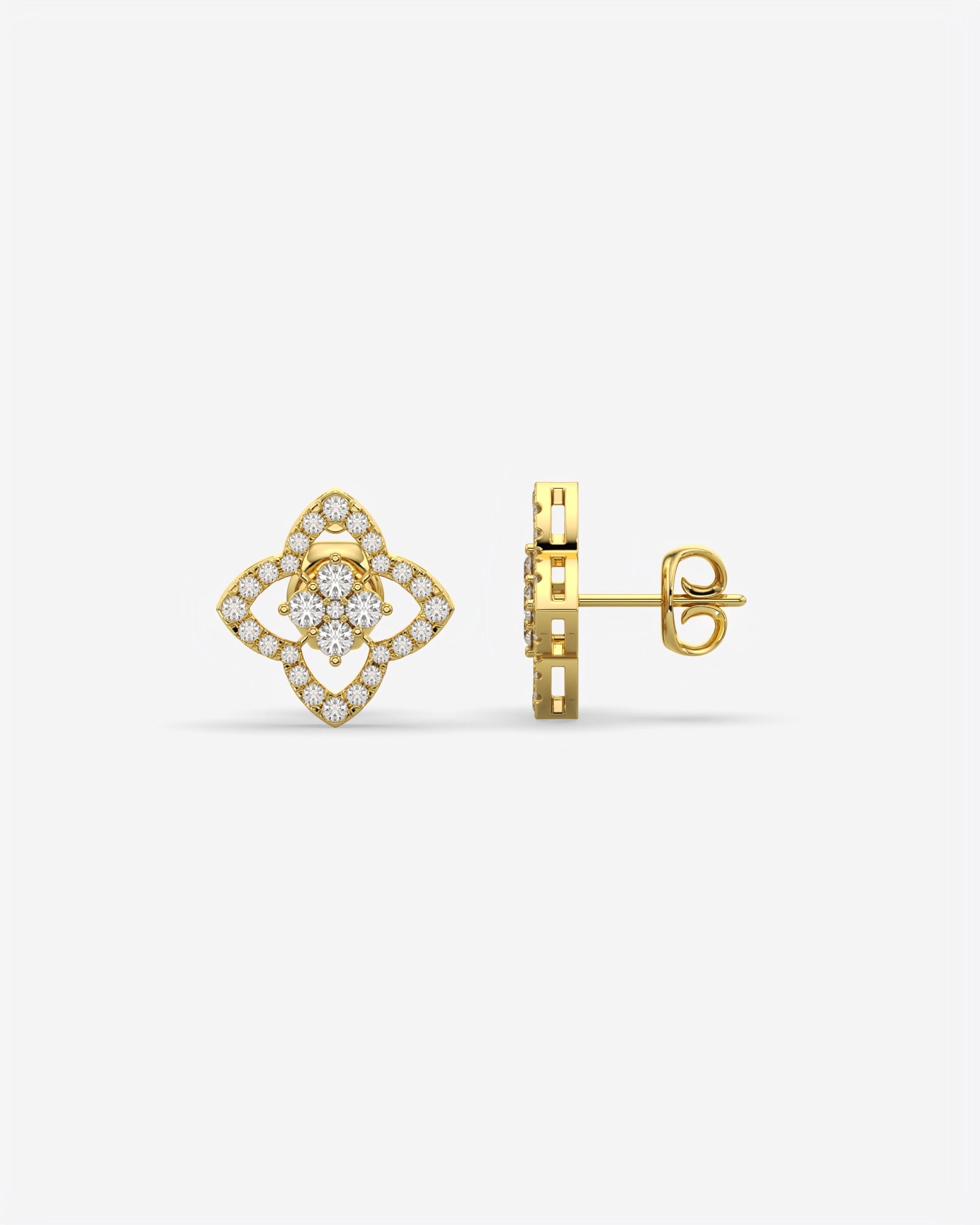 Four Petal Diamond Stud Earrings 14K Yellow Gold