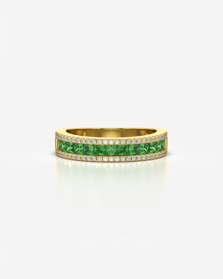 Green Princess and Round Diamond Three Row Half Eternity Band 14K Yellow Gold