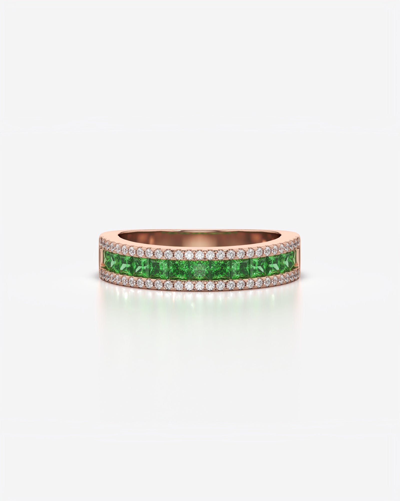 Green Princess and Round Diamond Three Row Half Eternity Band 18K Rose Gold
