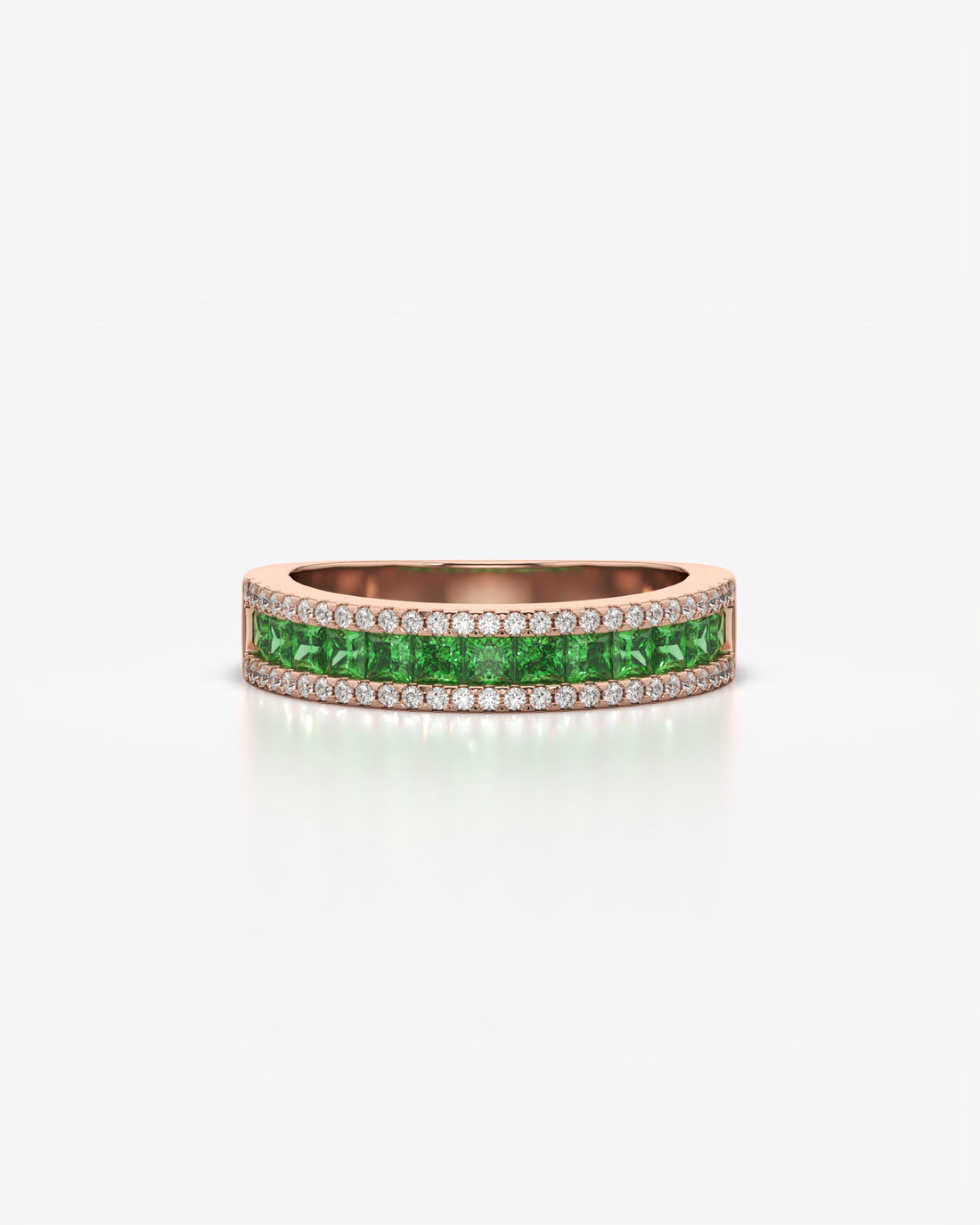 Green Princess and Round Diamond Three Row Half Eternity Band 18K Rose Gold