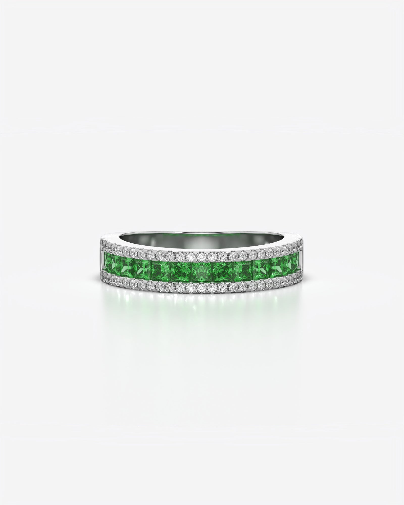 Green Princess and Round Diamond Three Row Half Eternity Band 18K White Gold