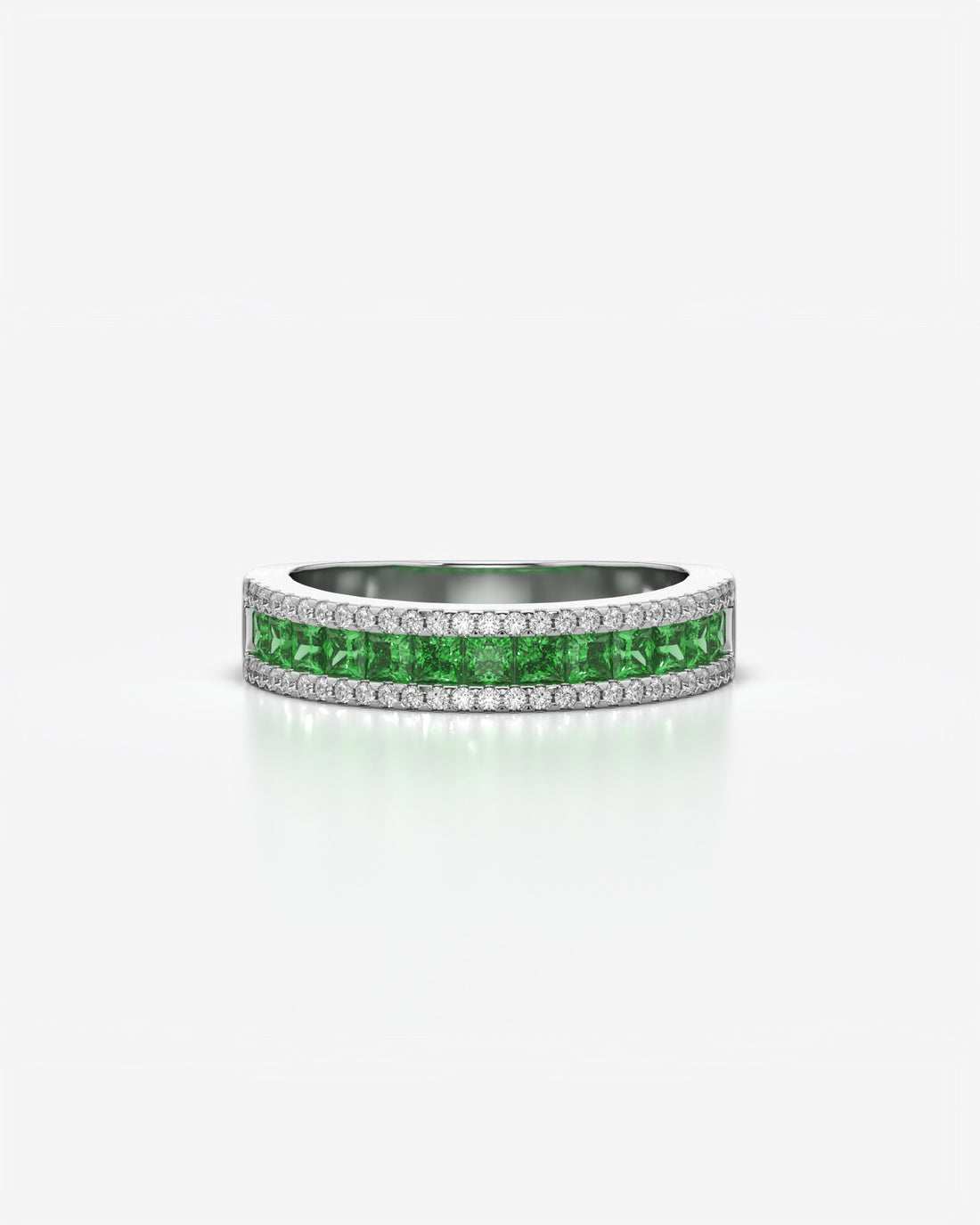 Green Princess and Round Diamond Three Row Half Eternity Band 18K White Gold
