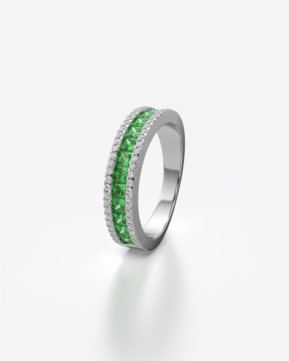 Green Princess and Round Diamond Three Row Half Eternity Band 18K White Gold
