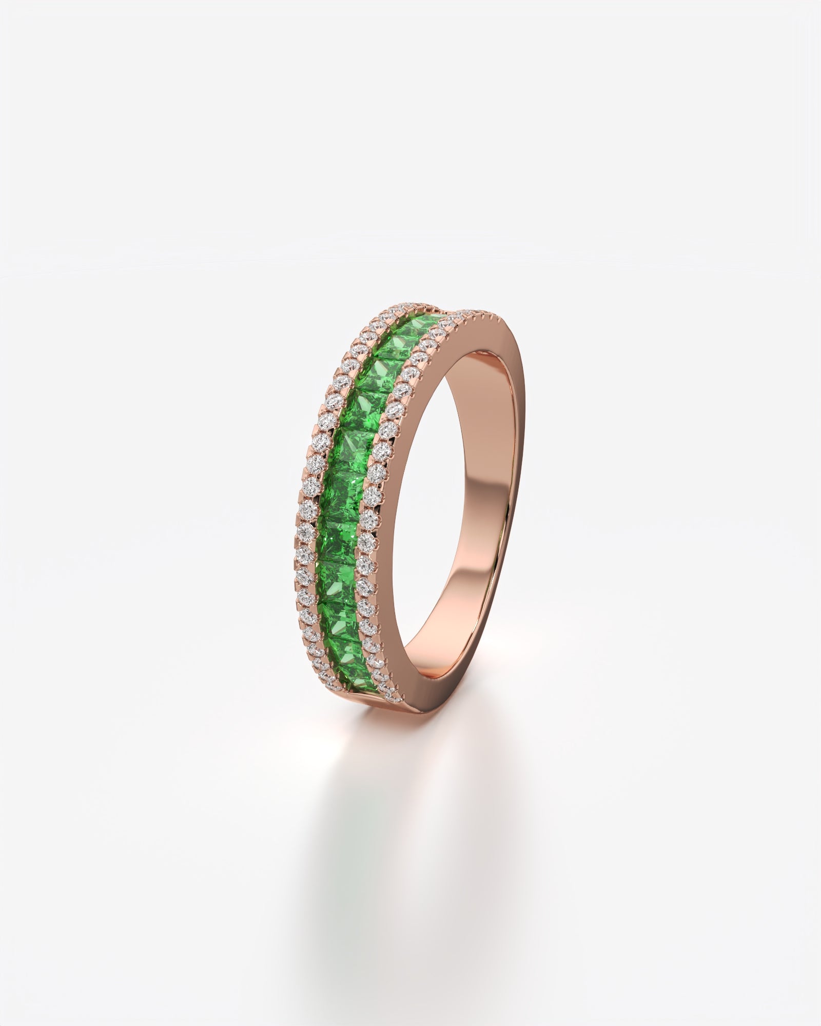Green Princess and Round Diamond Three Row Half Eternity Band 18K Rose Gold