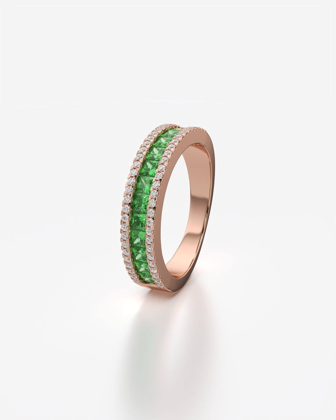 Green Princess and Round Diamond Three Row Half Eternity Band 18K Rose Gold