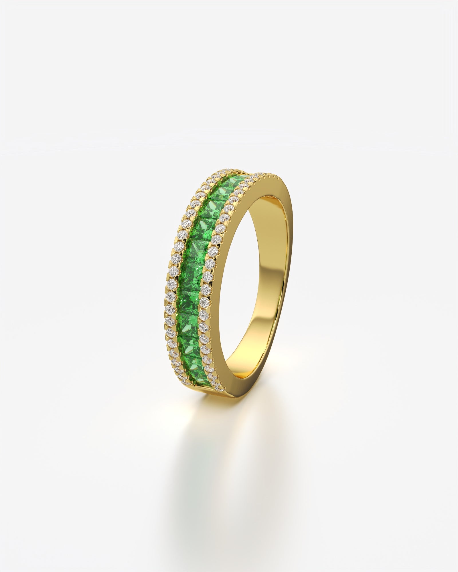 Green Princess and Round Diamond Three Row Half Eternity Band 14K Yellow Gold