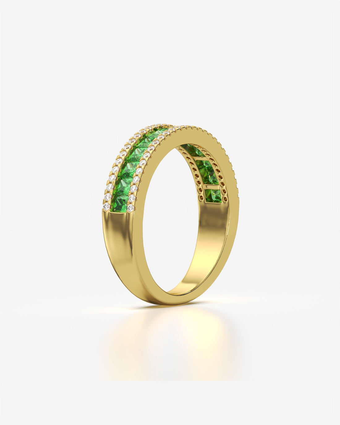 Green Princess and Round Diamond Three Row Half Eternity Band 14K Yellow Gold