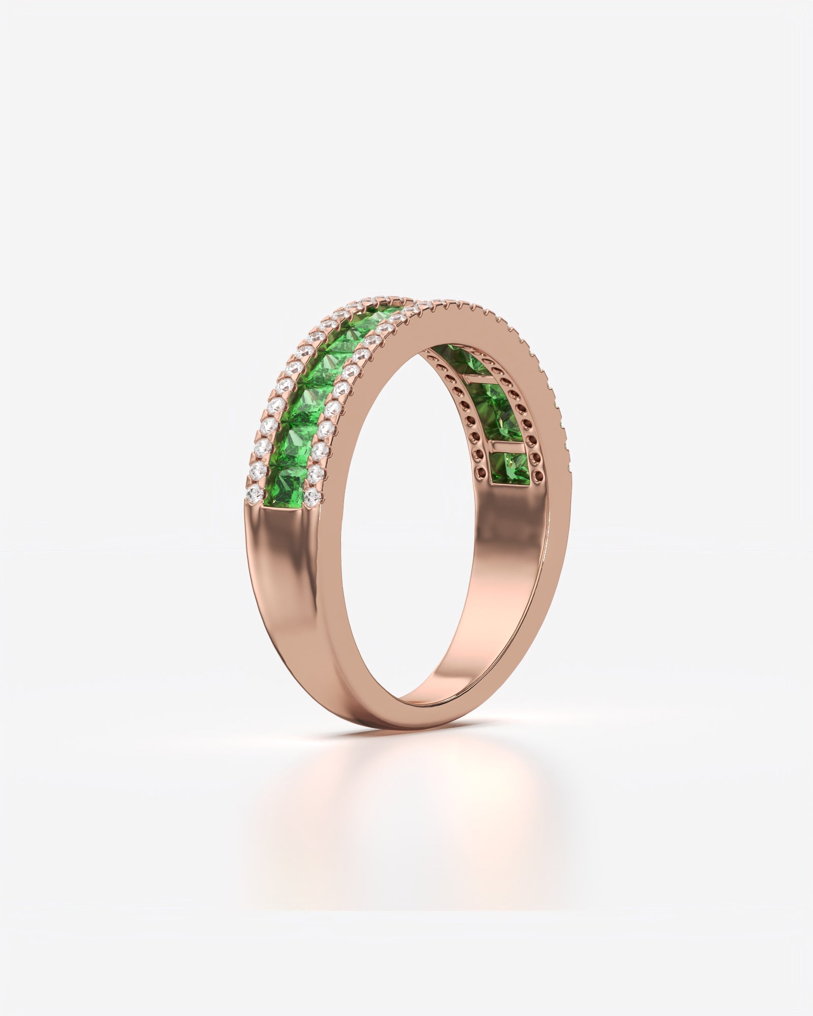 Green Princess and Round Diamond Three Row Half Eternity Band 18K Rose Gold