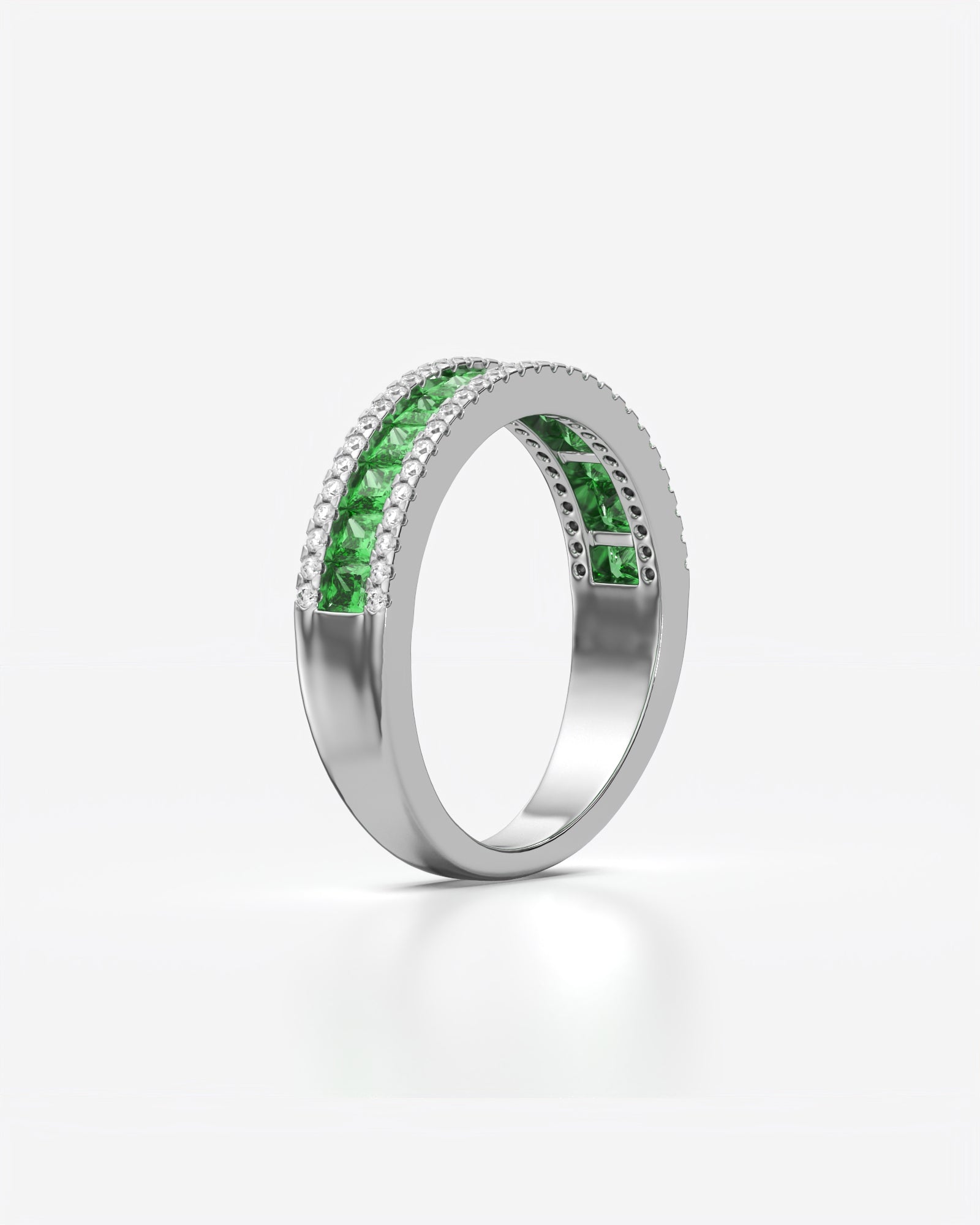 Green Princess and Round Diamond Three Row Half Eternity Band 18K White Gold