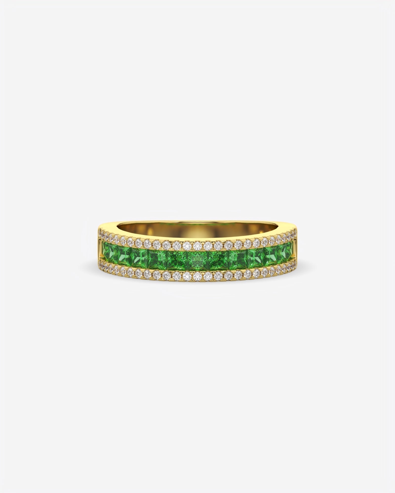 Green Princess and Round Diamond Three Row Half Eternity Band 14K Yellow Gold