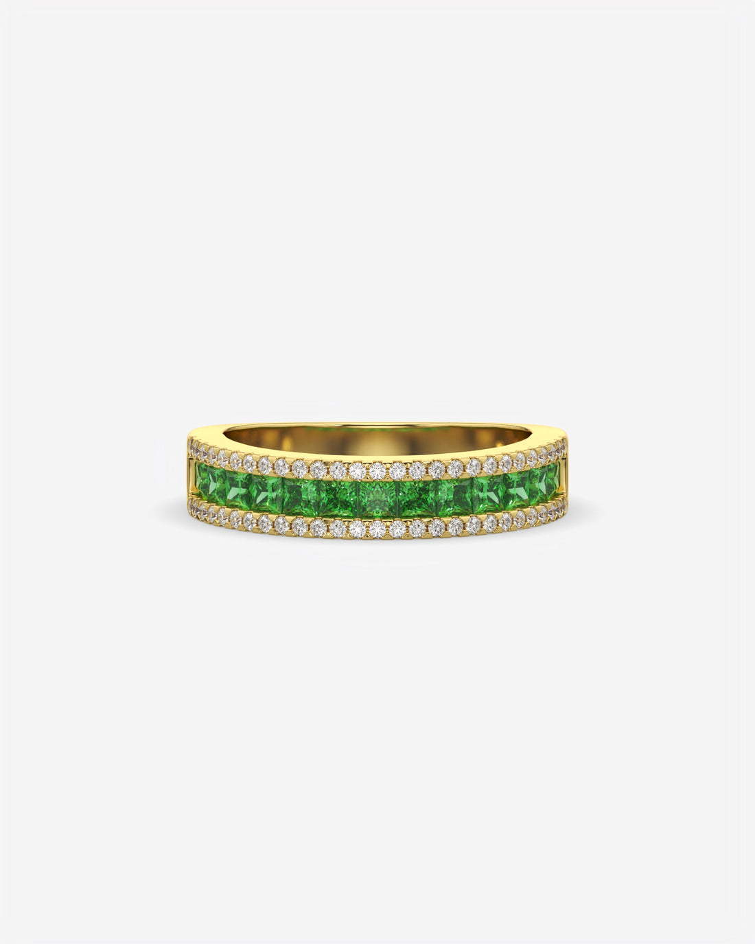 Green Princess and Round Diamond Three Row Half Eternity Band 14K Yellow Gold