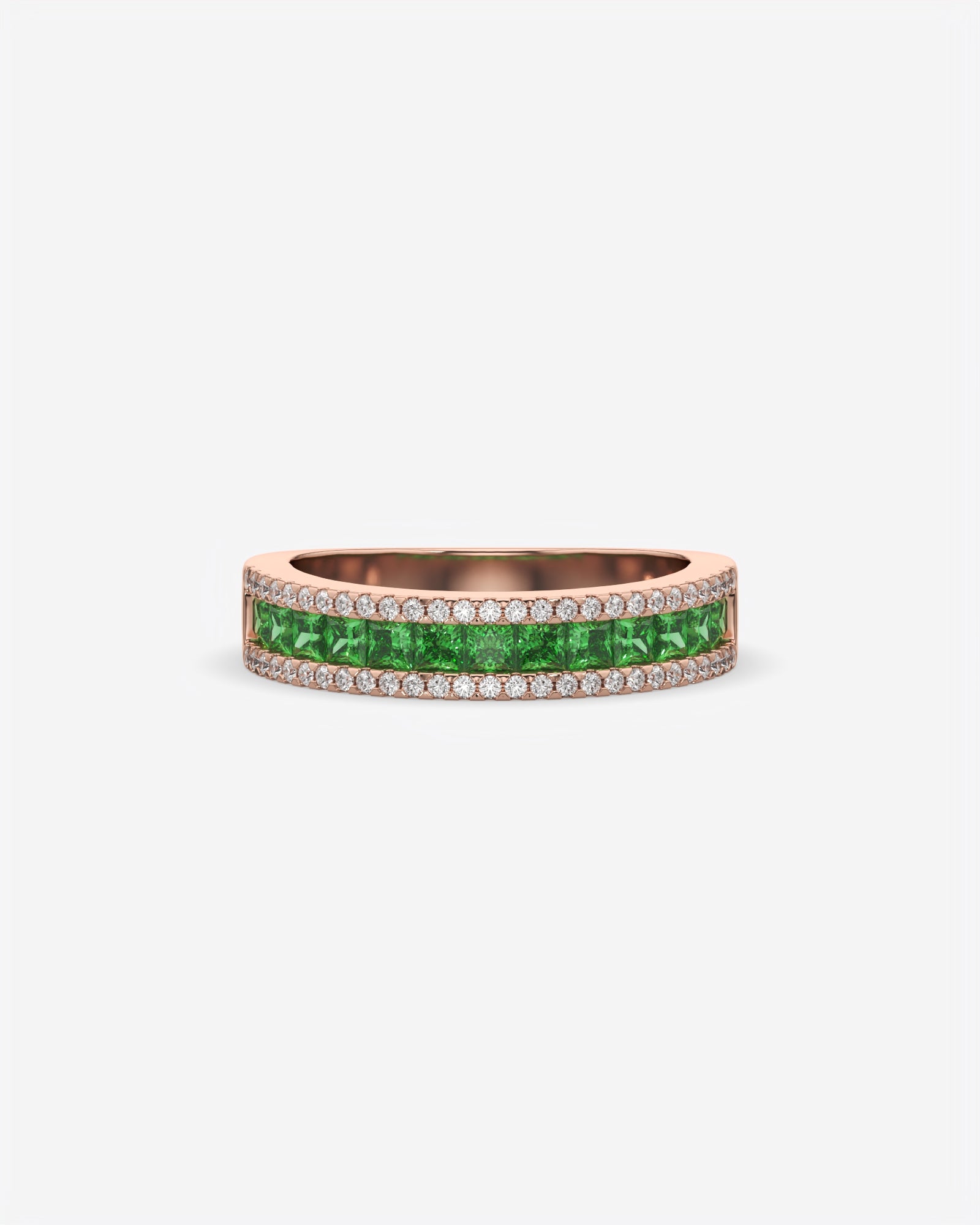 Green Princess and Round Diamond Three Row Half Eternity Band 18K Rose Gold