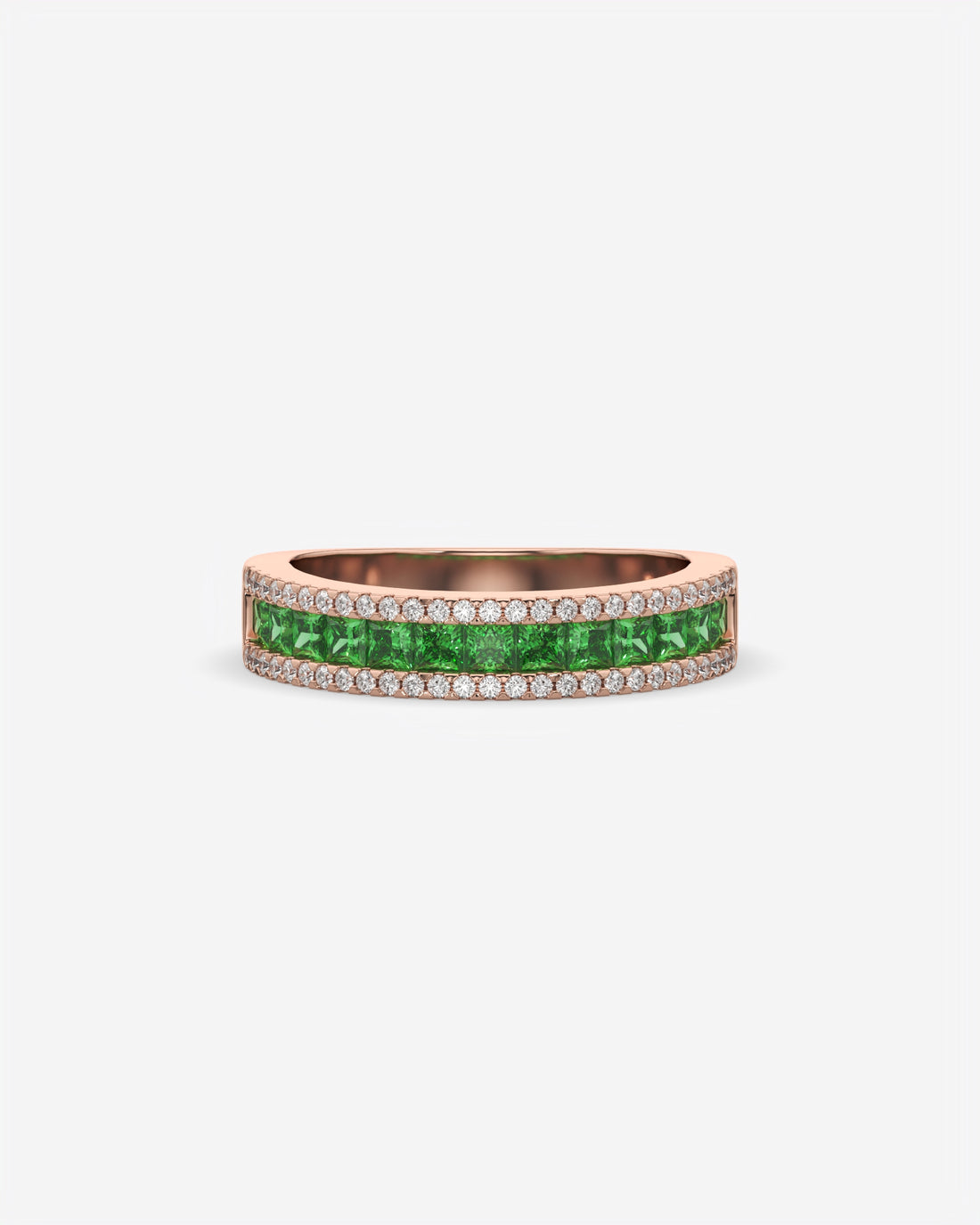 Green Princess and Round Diamond Three Row Half Eternity Band 18K Rose Gold