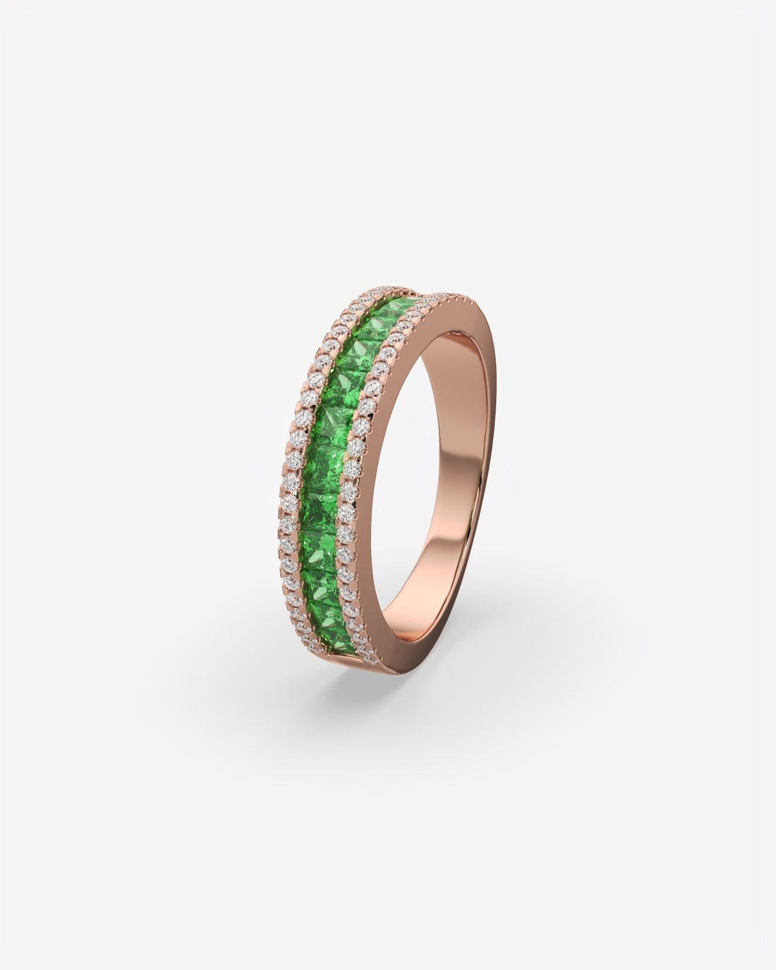 Green Princess and Round Diamond Three Row Half Eternity Band 18K Rose Gold