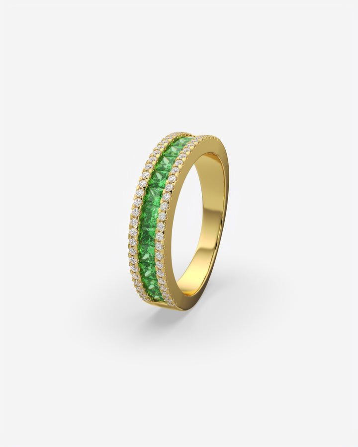 Green Princess and Round Diamond Three Row Half Eternity Band 14K Yellow Gold