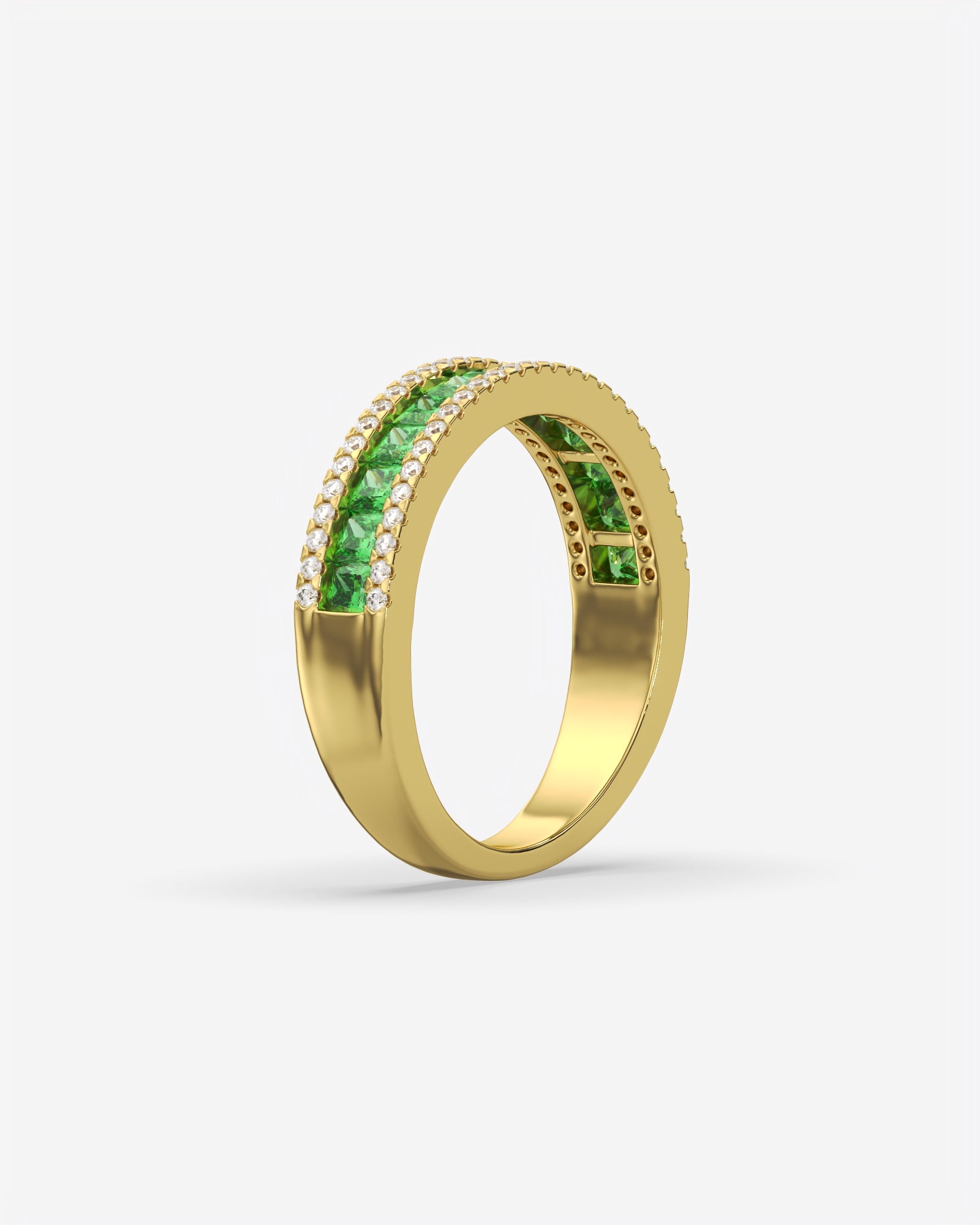 Green Princess and Round Diamond Three Row Half Eternity Band 14K Yellow Gold