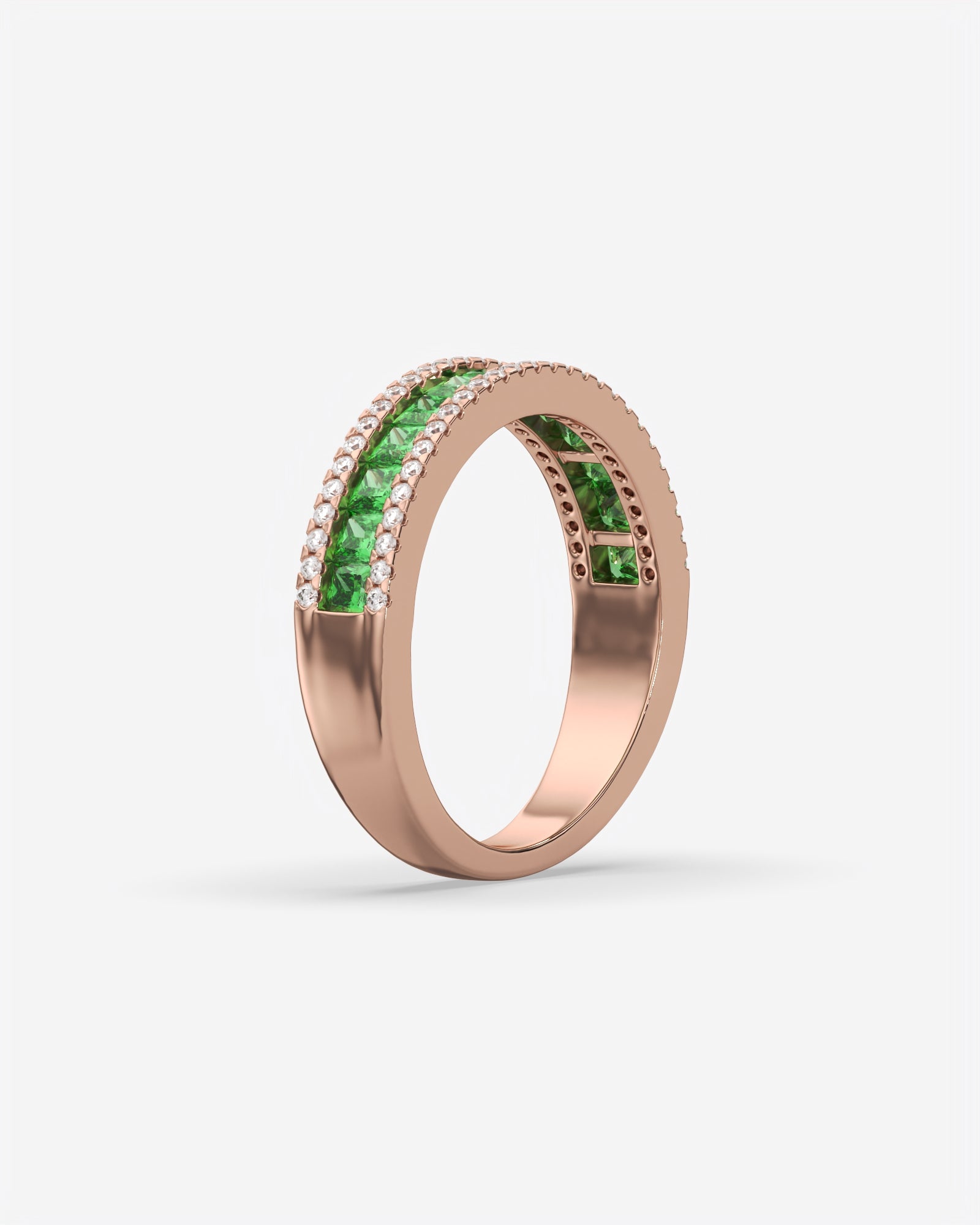 Green Princess and Round Diamond Three Row Half Eternity Band 18K Rose Gold