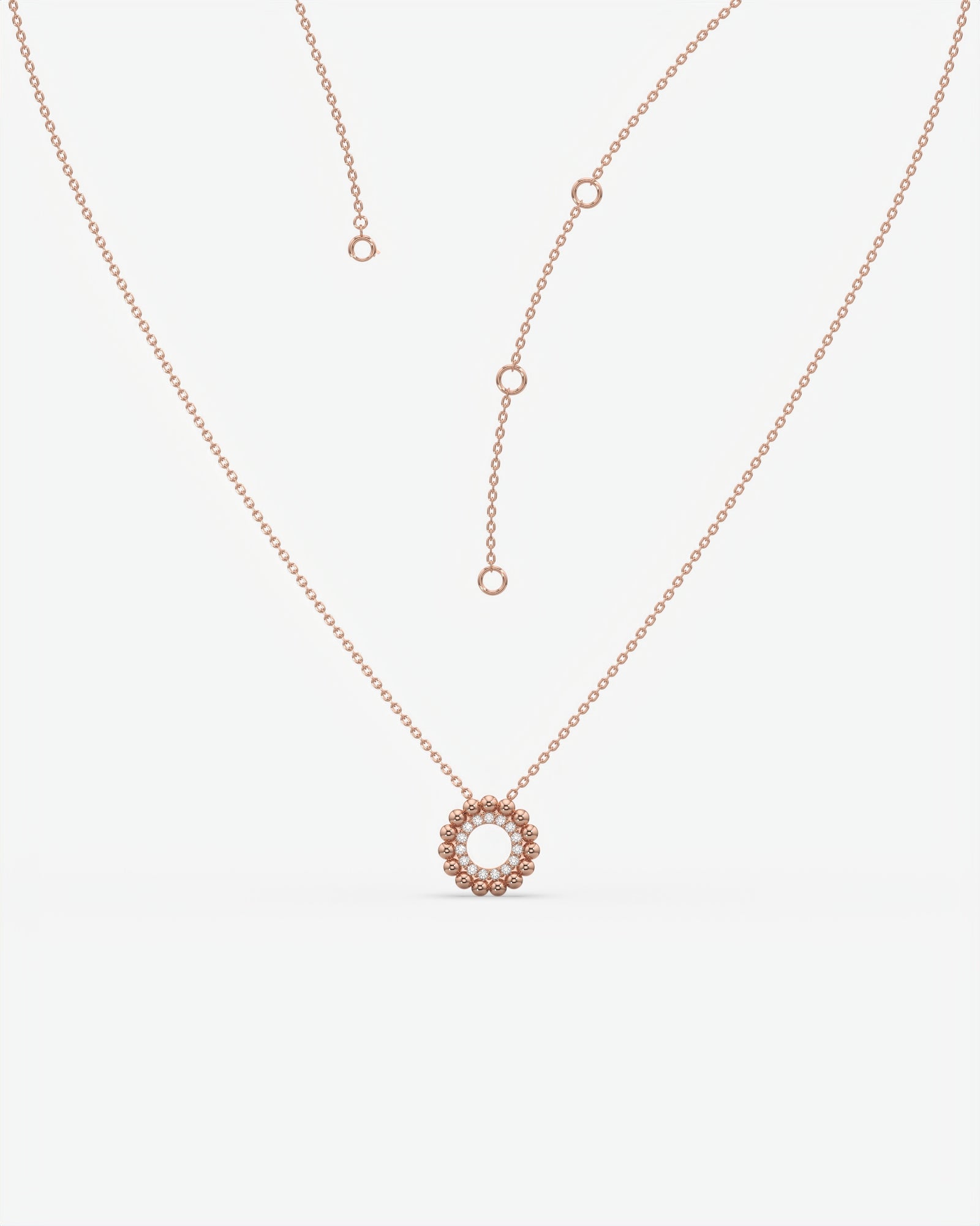 Beaded Halo Open Circle Diamond Pendant Necklace 14K Rose Gold