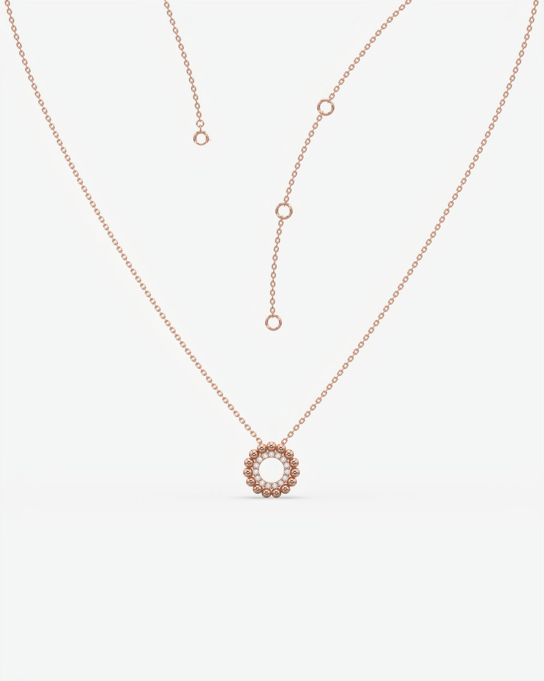 Beaded Halo Open Circle Diamond Pendant Necklace 14K Rose Gold