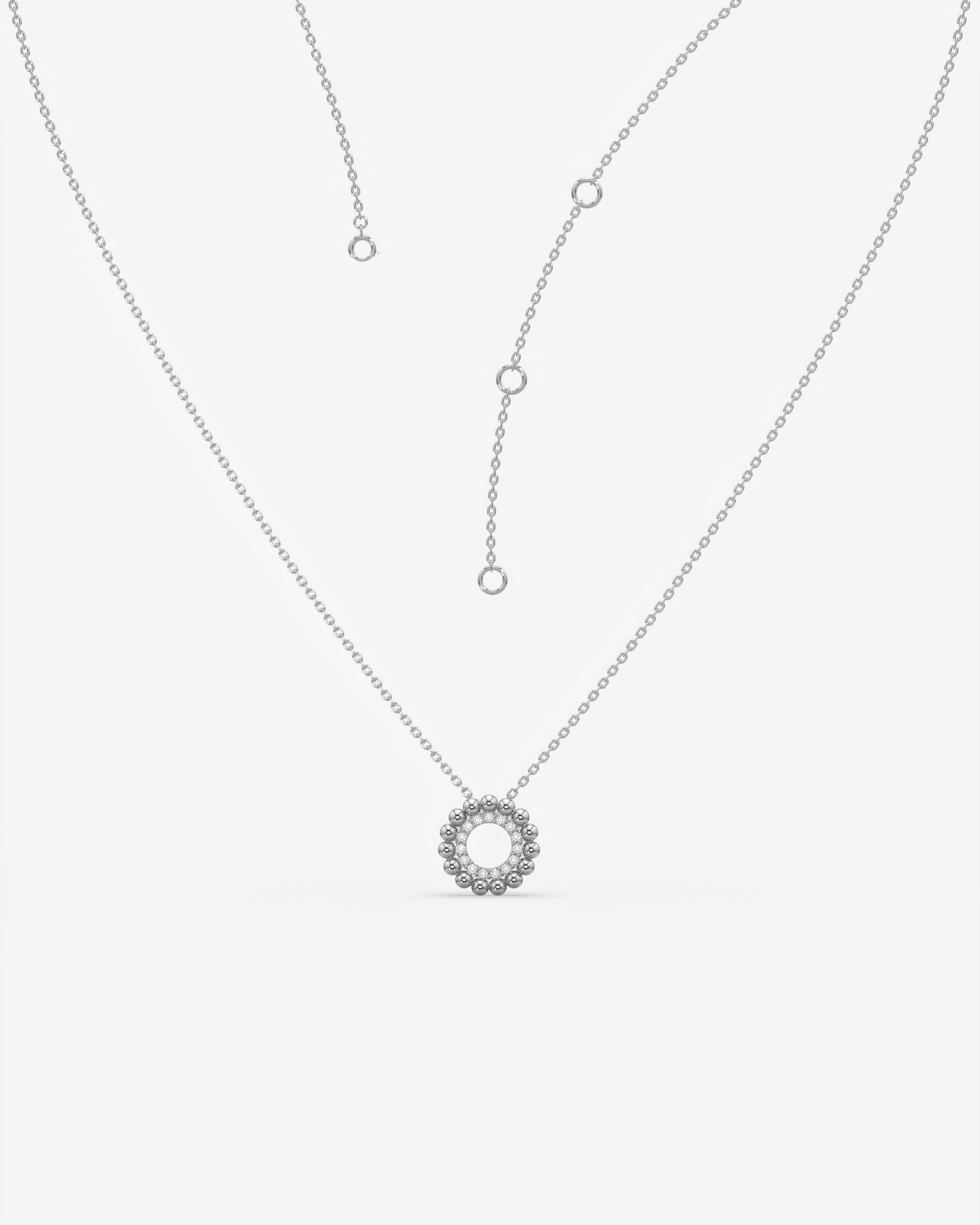Beaded Halo Open Circle Diamond Pendant Necklace 18K White Gold