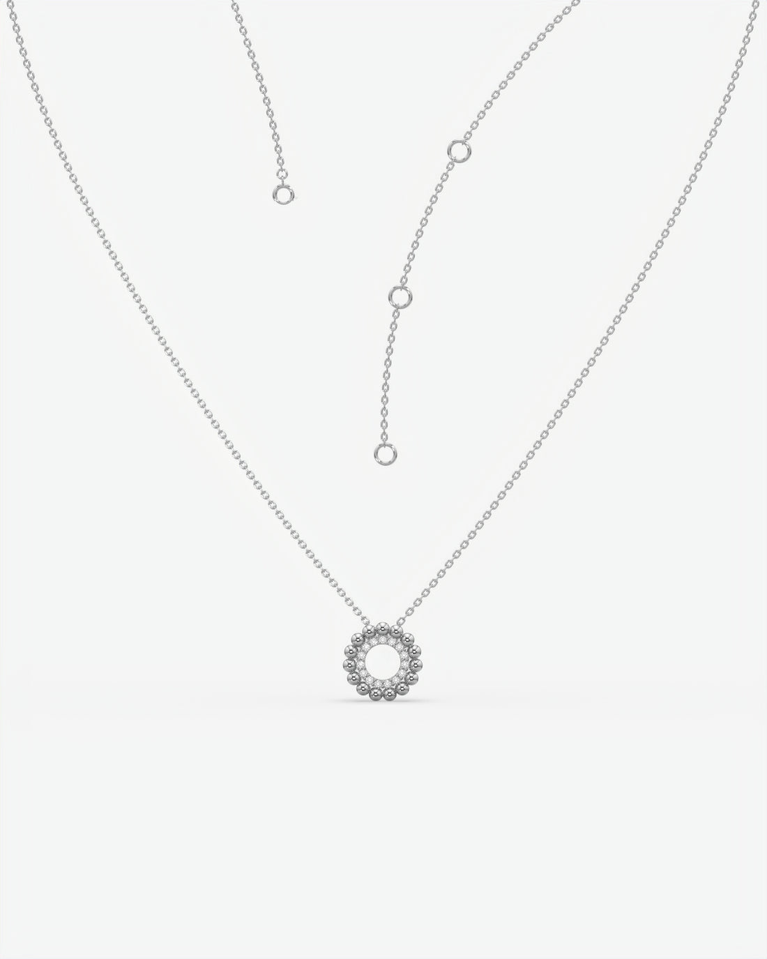 Beaded Halo Open Circle Diamond Pendant Necklace 18K White Gold