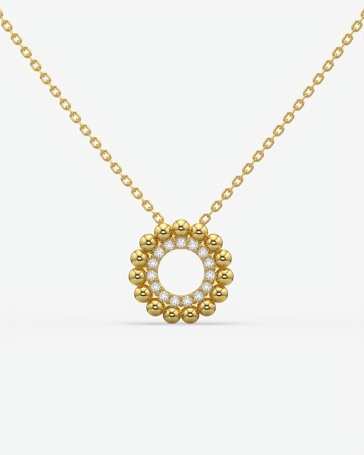 Beaded Halo Open Circle Diamond Pendant Necklace 14K Yellow Gold