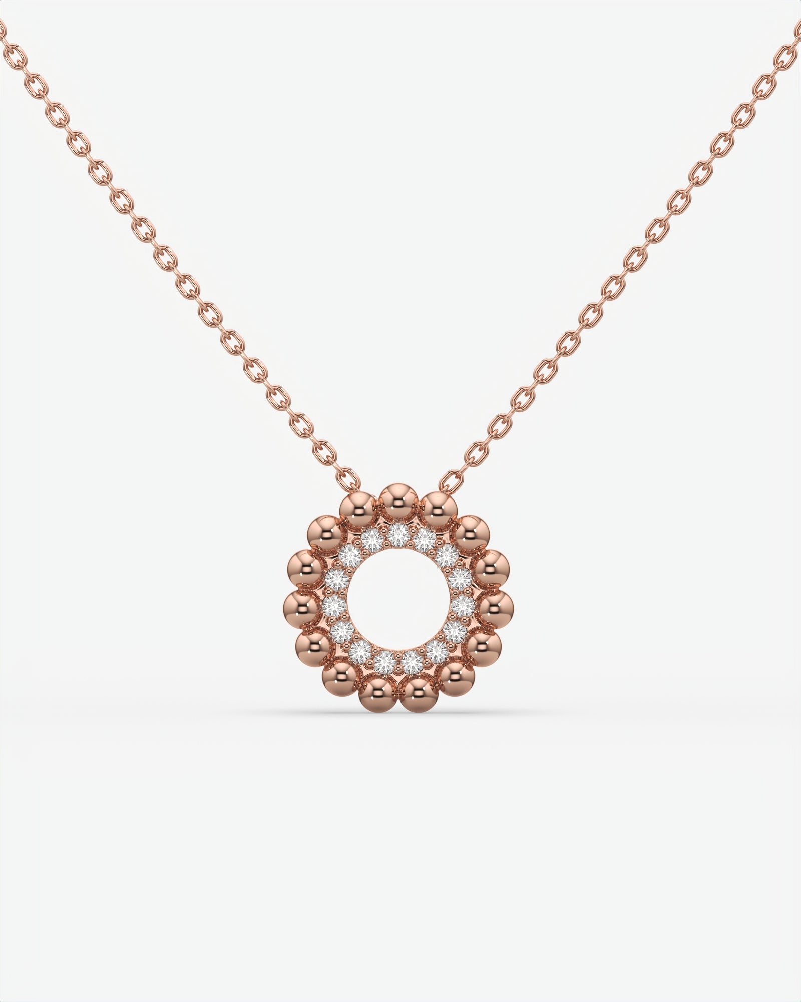 Beaded Halo Open Circle Diamond Pendant Necklace 14K Rose Gold