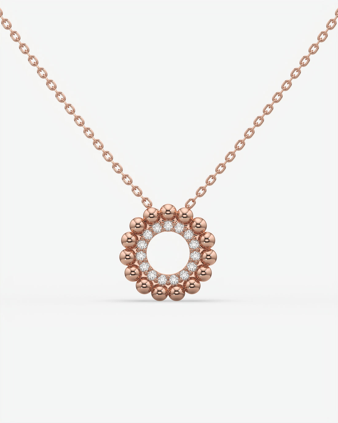 Beaded Halo Open Circle Diamond Pendant Necklace 14K Rose Gold