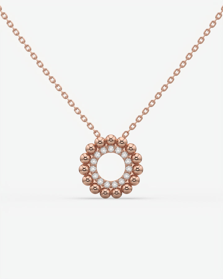 Beaded Halo Open Circle Diamond Pendant Necklace 14K Rose Gold