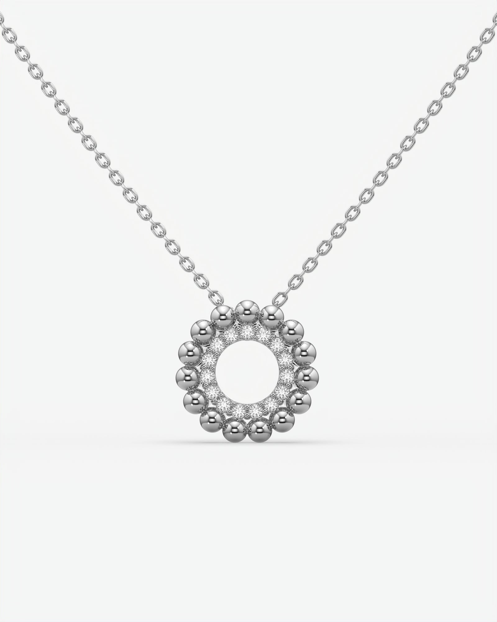 Beaded Halo Open Circle Diamond Pendant Necklace 18K White Gold