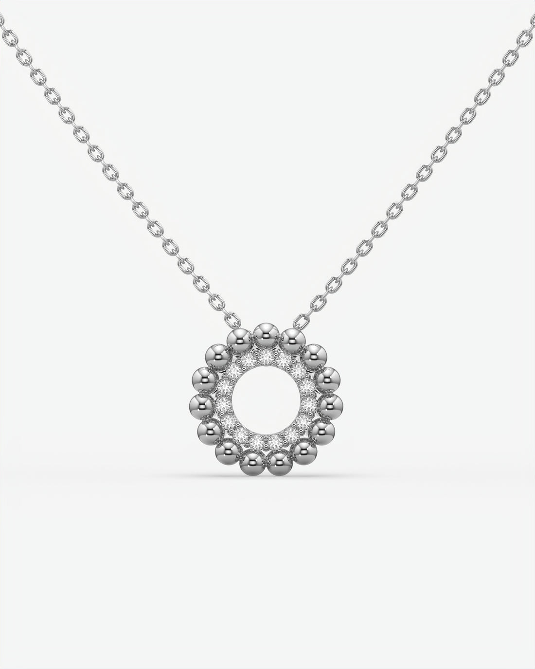 Beaded Halo Open Circle Diamond Pendant Necklace 18K White Gold