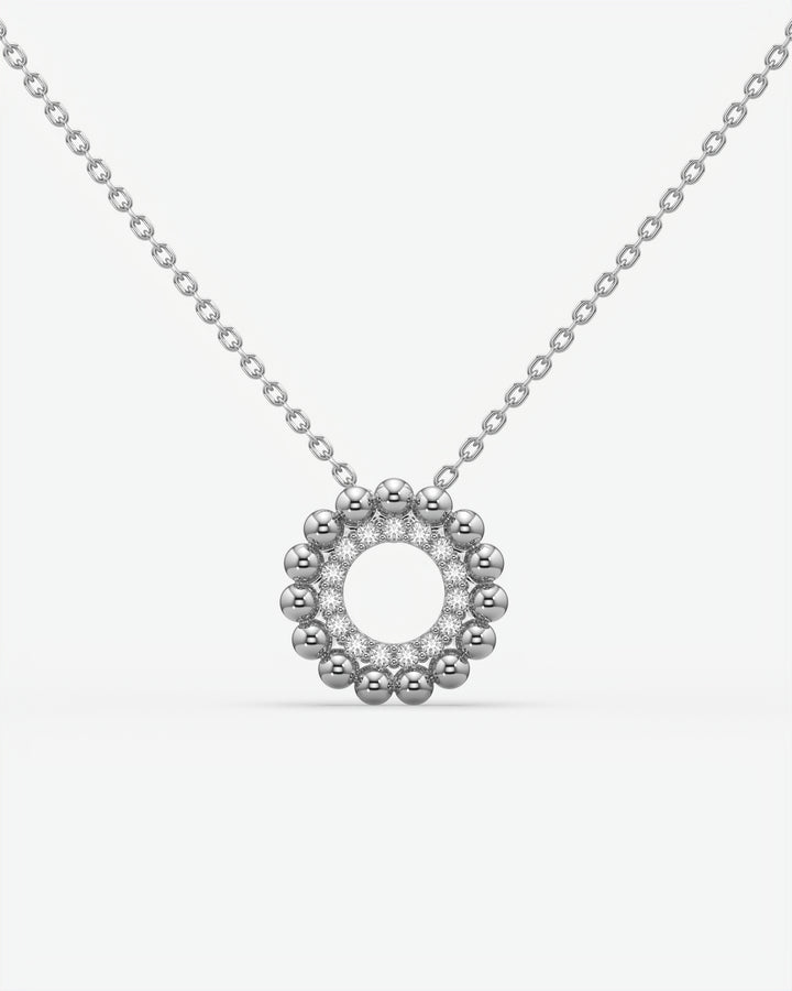 Beaded Halo Open Circle Diamond Pendant Necklace 14K White Gold