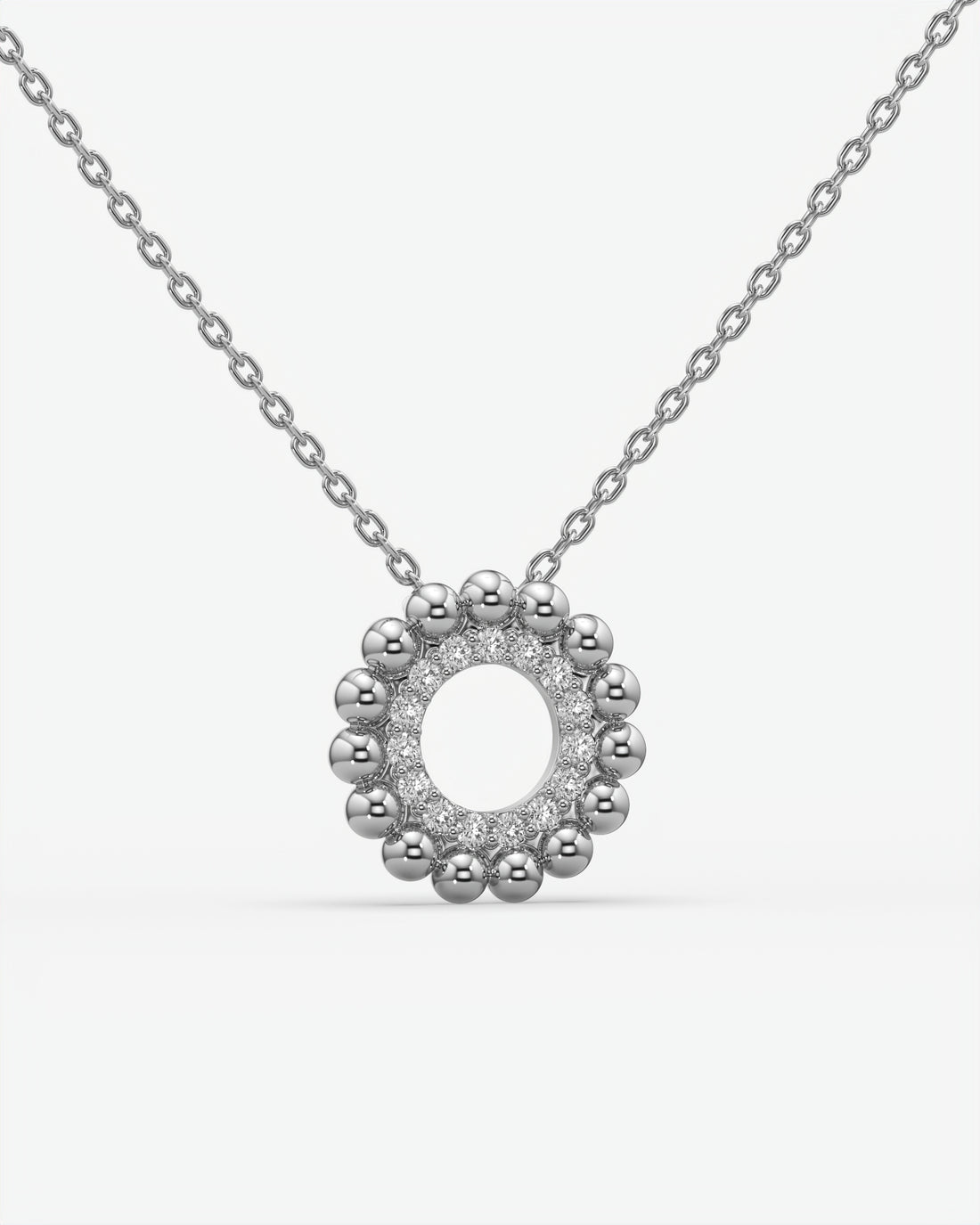 Beaded Halo Open Circle Diamond Pendant Necklace 18K White Gold