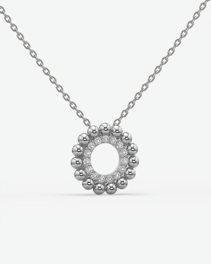Beaded Halo Open Circle Diamond Pendant Necklace 14K White Gold