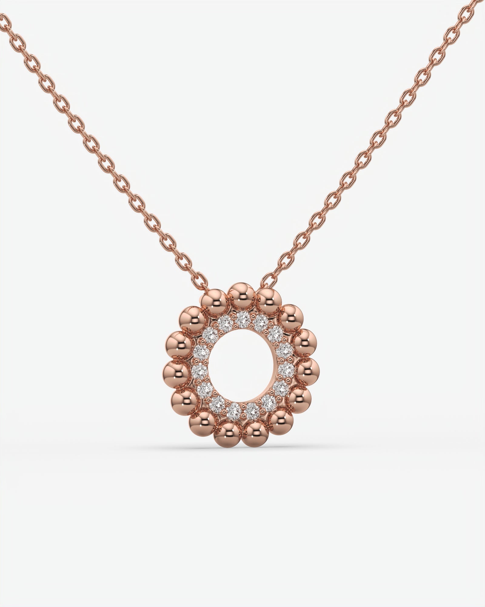 Beaded Halo Open Circle Diamond Pendant Necklace 14K Rose Gold