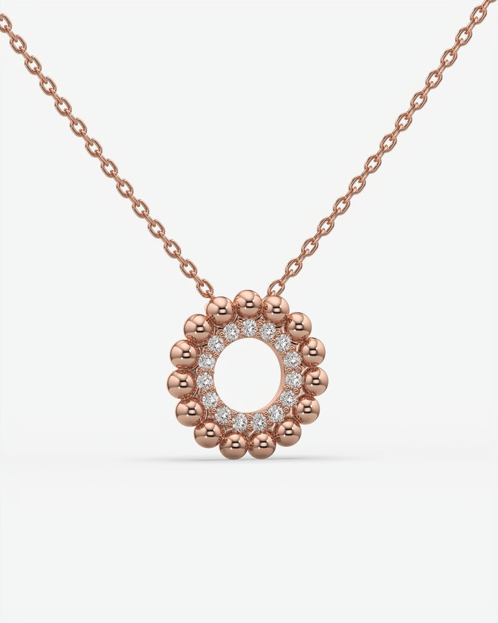 Beaded Halo Open Circle Diamond Pendant Necklace 14K Rose Gold