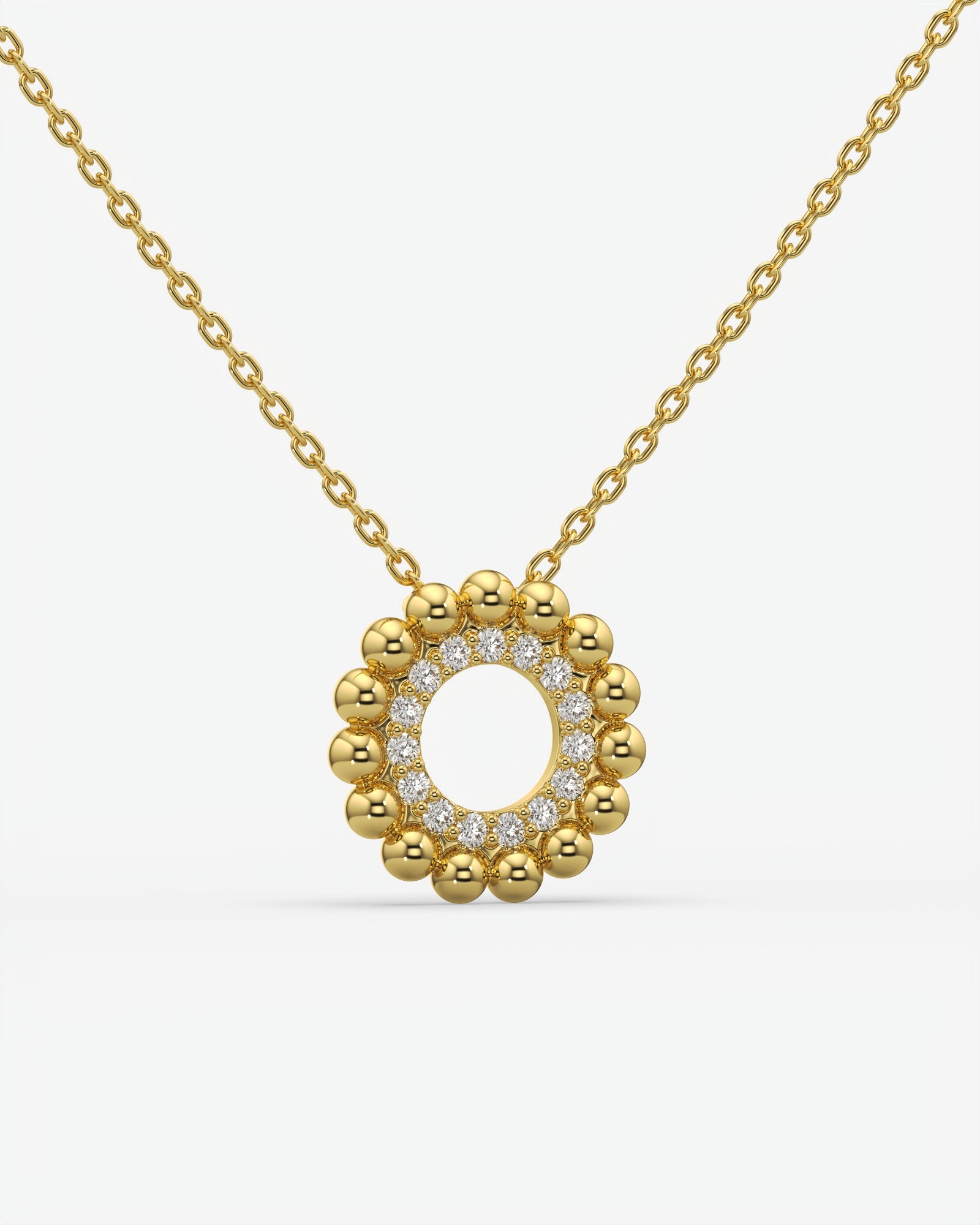 Beaded Halo Open Circle Diamond Pendant Necklace 18K Yellow Gold