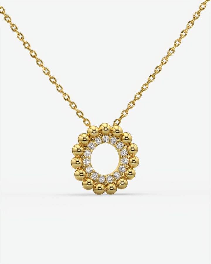 Beaded Halo Open Circle Diamond Pendant Necklace 14K Yellow Gold