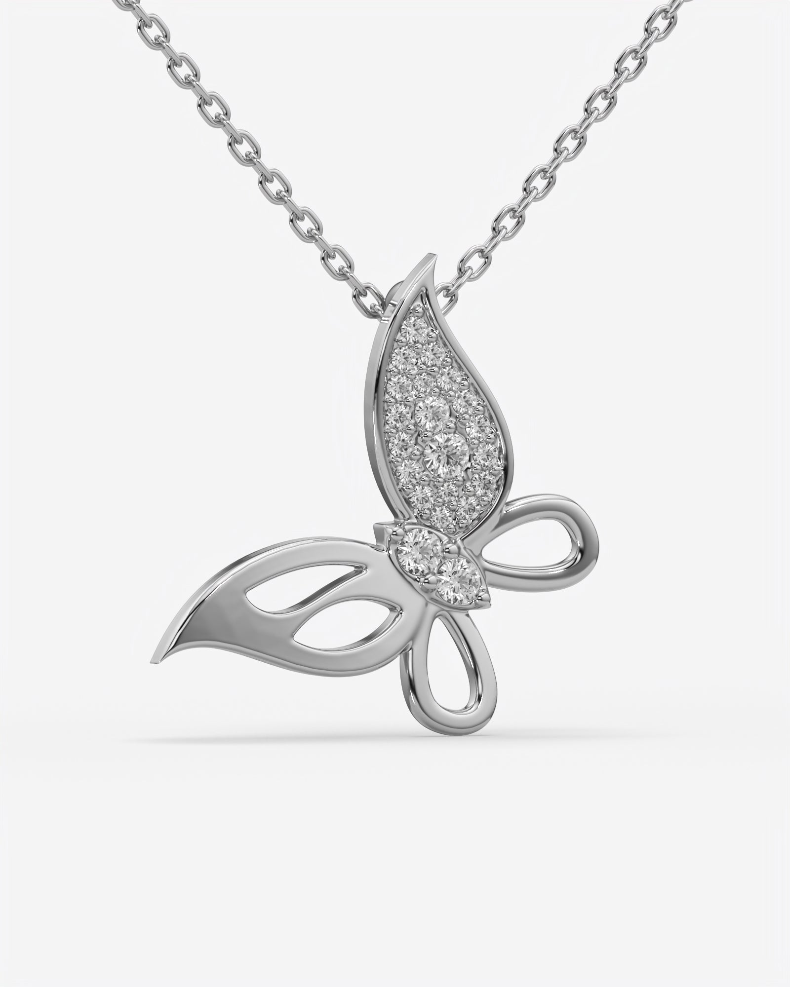 Pave Diamond Butterfly Pendant Necklace 18K White Gold