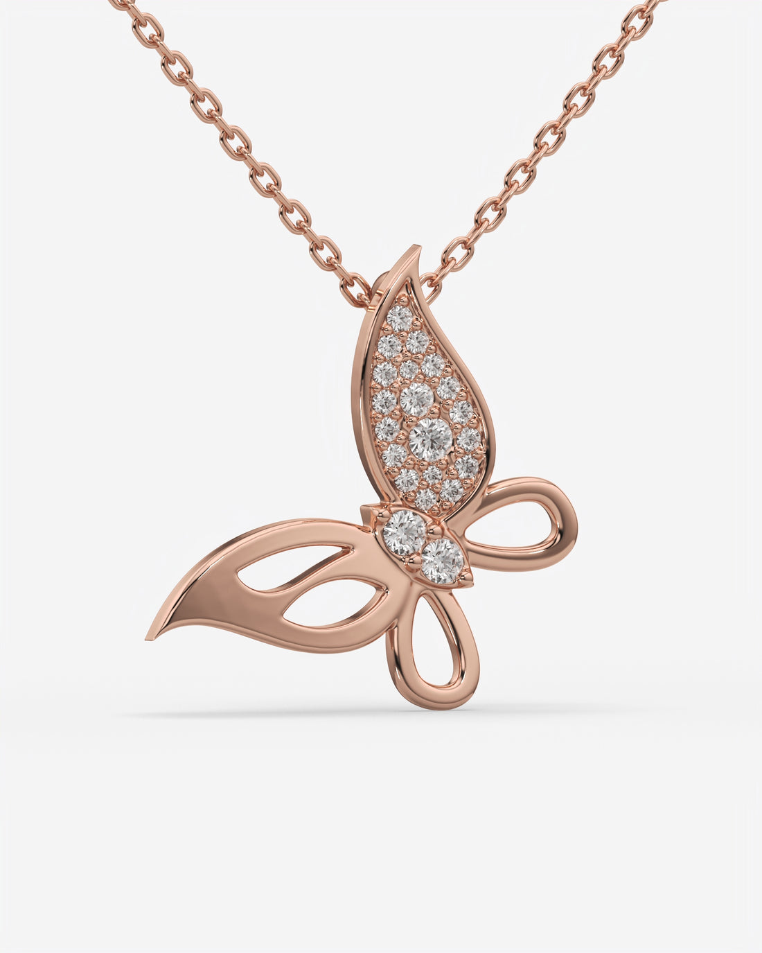 Pave Diamond Butterfly Pendant Necklace 14K Rose Gold