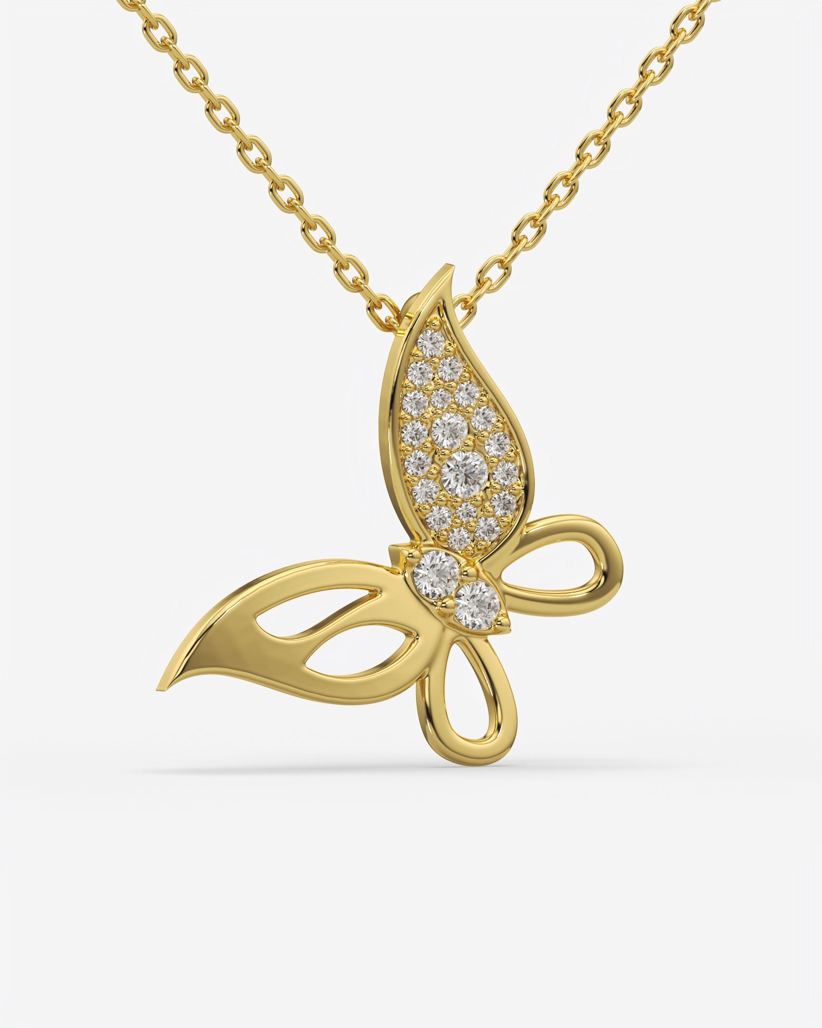 Pave Diamond Butterfly Pendant Necklace 14K Yellow Gold