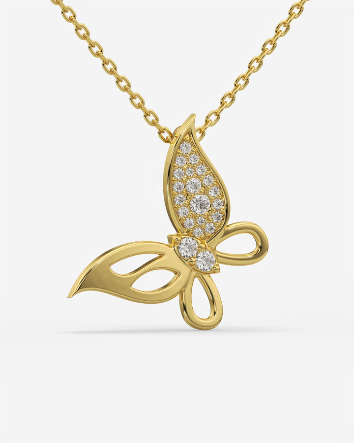Pave Diamond Butterfly Pendant Necklace 14K Yellow Gold