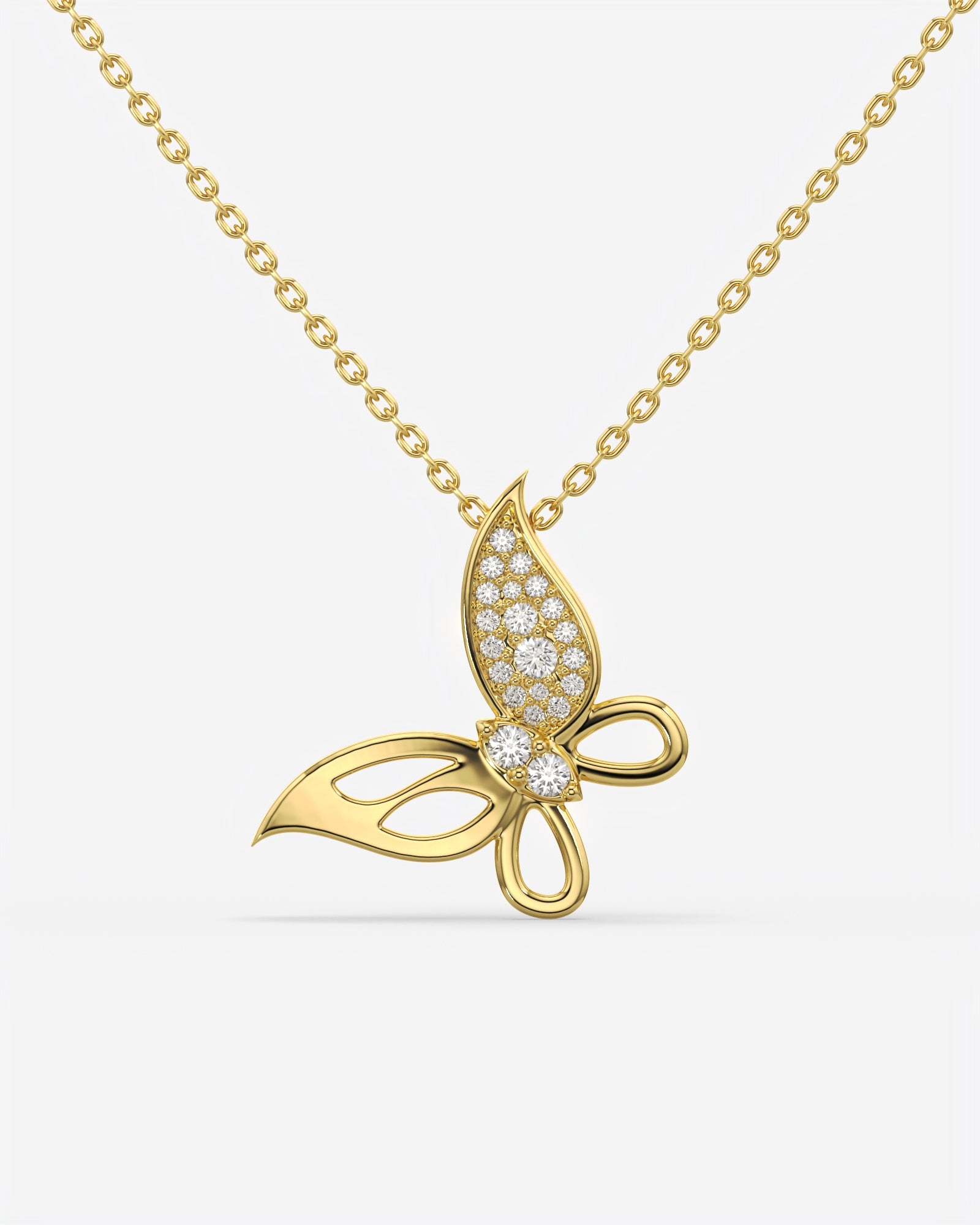 Pave Diamond Butterfly Pendant Necklace 14K Yellow Gold