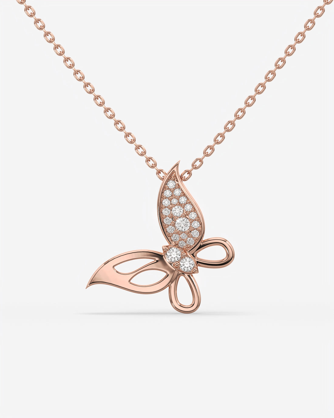 Pave Diamond Butterfly Pendant Necklace 14K Rose Gold