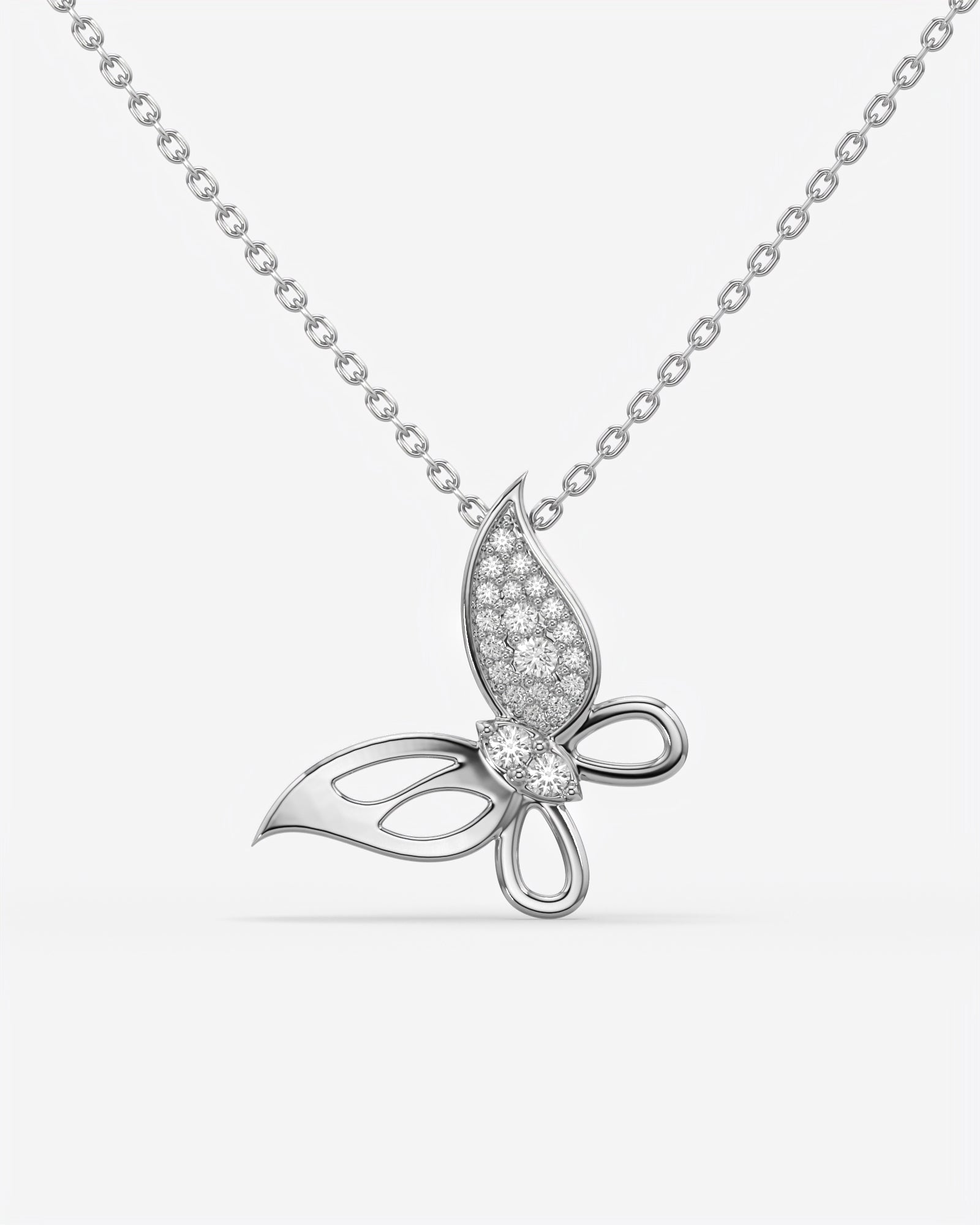 Pave Diamond Butterfly Pendant Necklace 18K White Gold