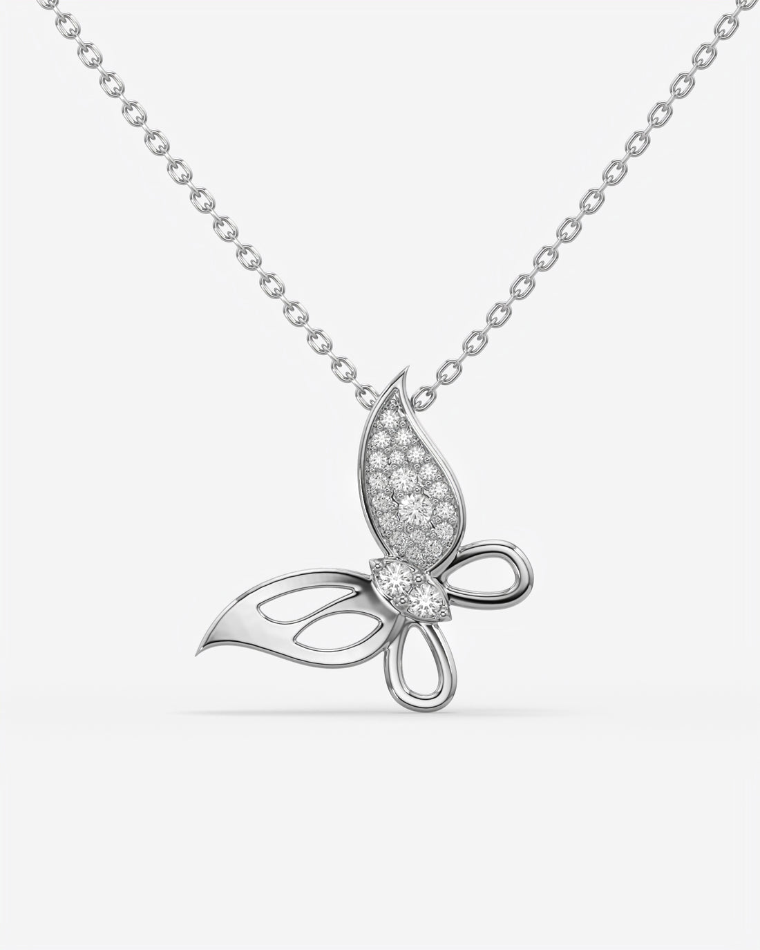 Pave Diamond Butterfly Pendant Necklace 18K White Gold