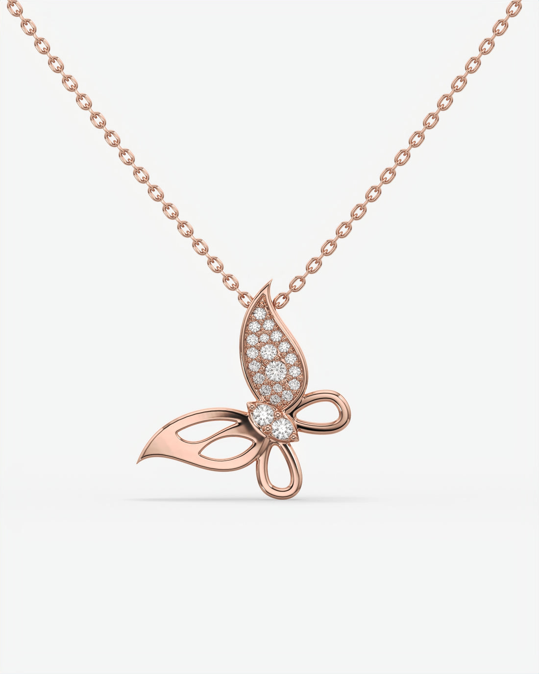 Pave Diamond Butterfly Pendant Necklace 18K Rose Gold