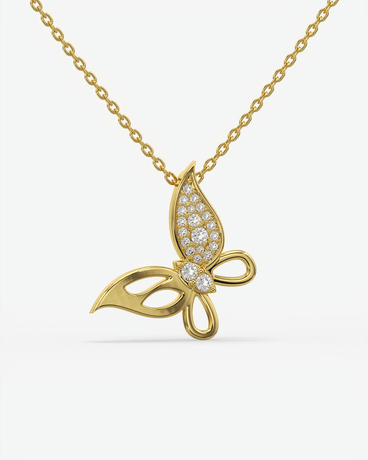 Pave Diamond Butterfly Pendant Necklace 14K Yellow Gold
