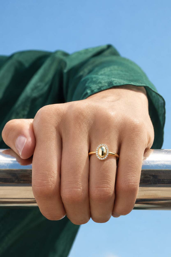 Oval Signet Ring with Diamond Halo 14K Yellow Gold